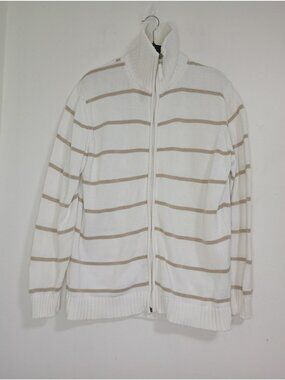 Zara Man Cardigan Sweater XL 100% Cotton White & Beige Striped Full Zip Mens